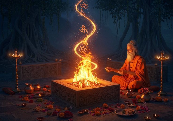 Priest performing puja and havan ritual